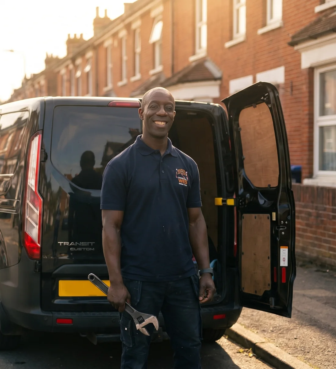 Wes beside his black Transit van